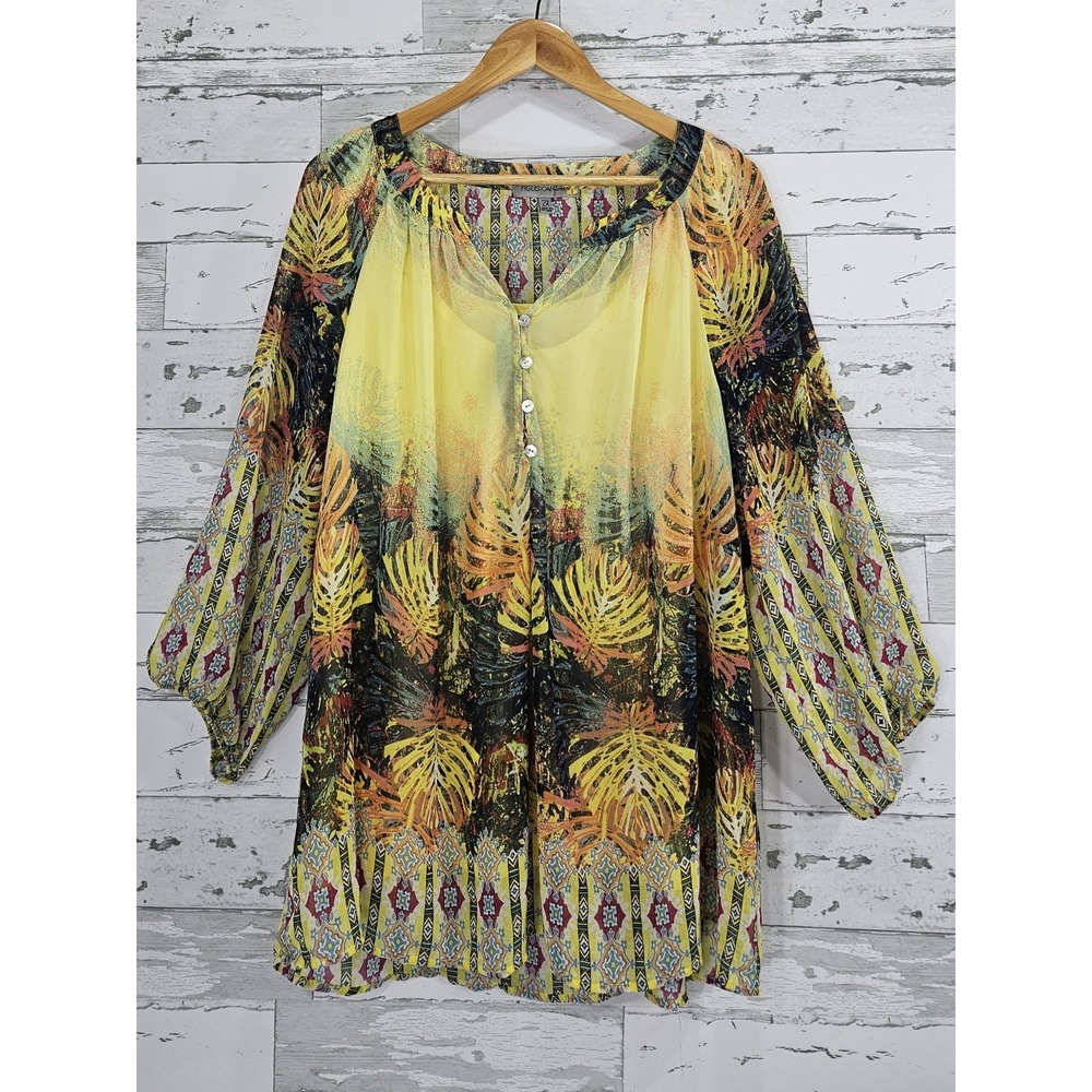 Figueroa & Flower Chiffon Yellow Blouse Womens 2X Balloon Sleeves